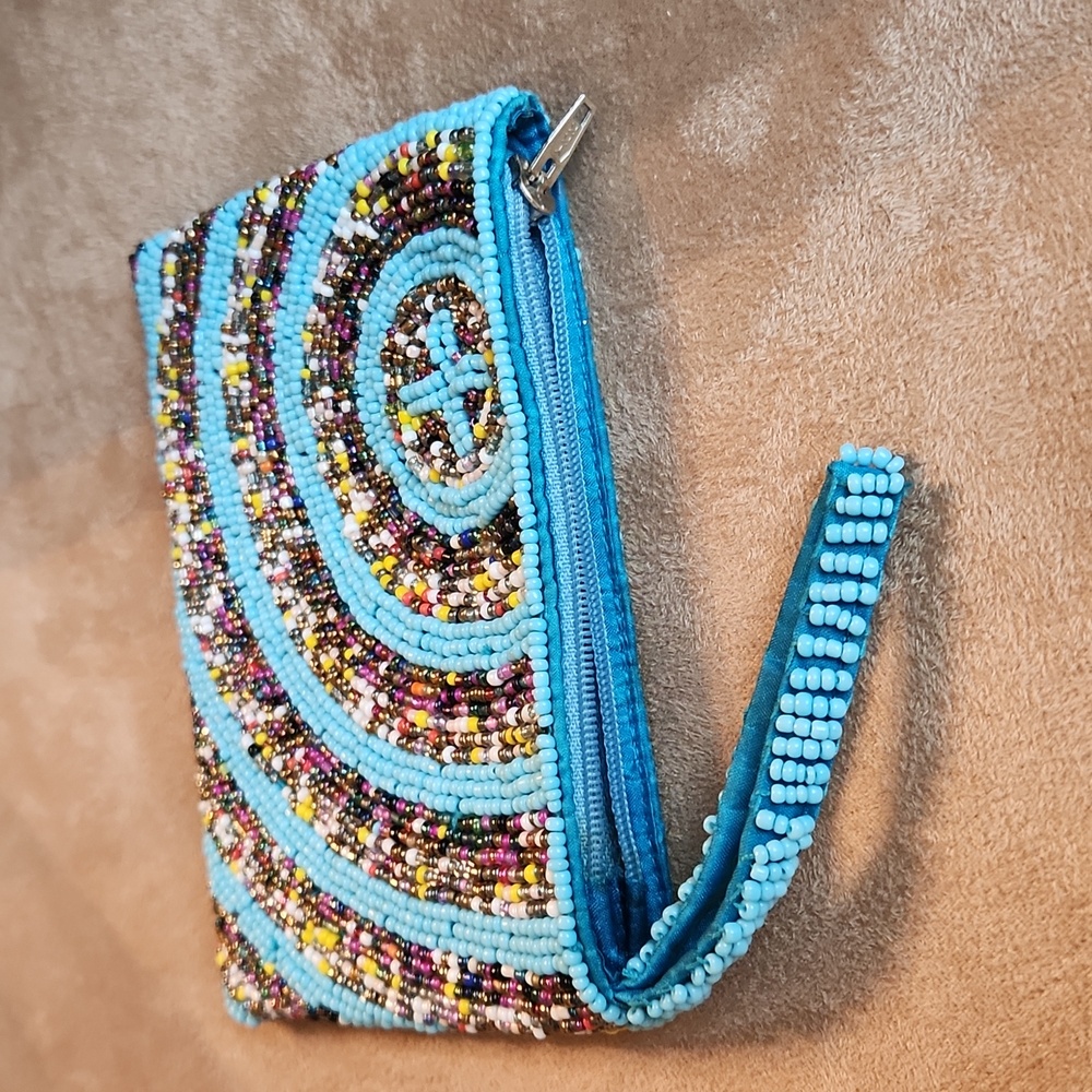 Beaded handmade small multicolor unique zip wristlet, coin wallet, key case!
